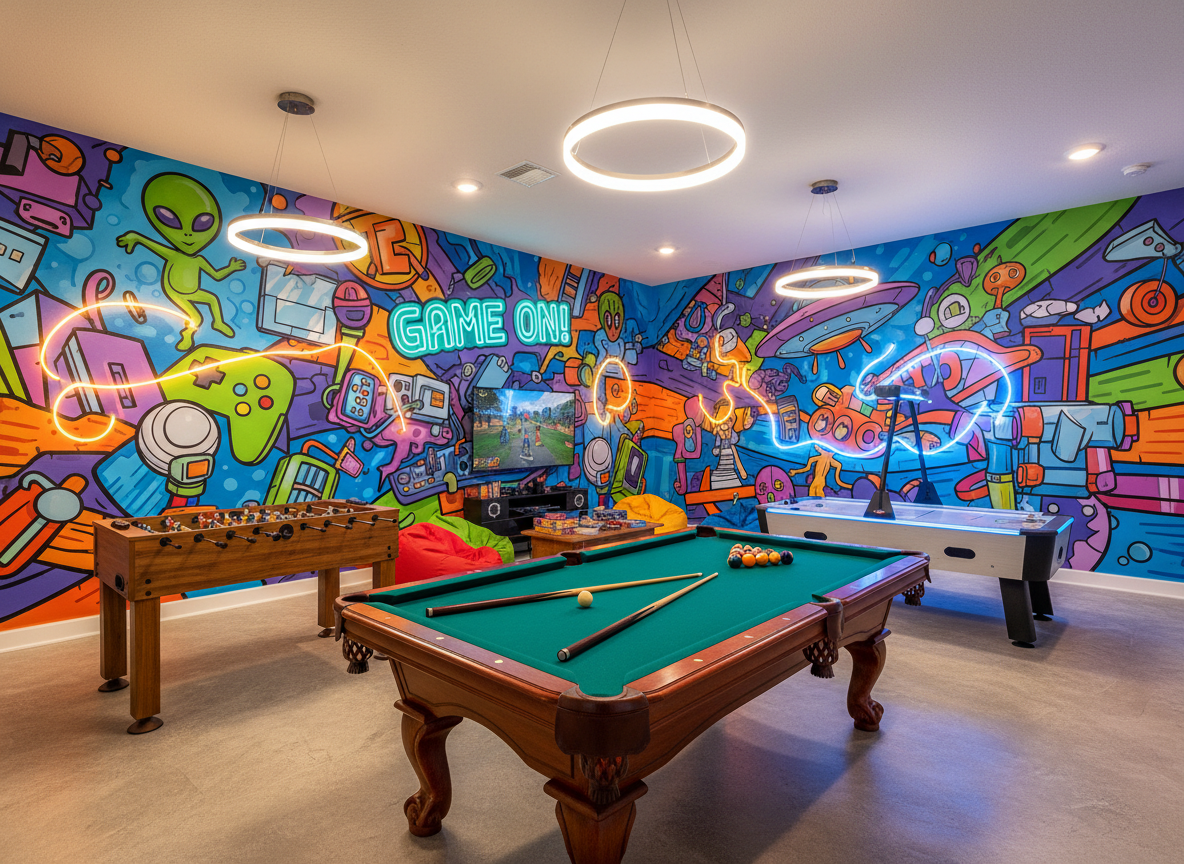 Games room with pool table, foosball, and air hockey